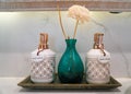 selective focus hand wash and lotion bottle on washbasin counter in luxury bedroom