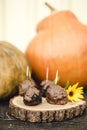 Selective focus on handmade chocolate candy with orange pumpkins on the background in autumn. Royalty Free Stock Photo