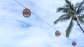 Selective Focus. The Hanging Handmade Wicker Lanterns on the Wire.