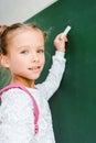 selective focus of happy schoolkid holding chalk .