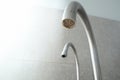 Selective focus on hard water deposit. Dirty faucet aerator with limescale, calcified shower water tap with lime scale in the Royalty Free Stock Photo