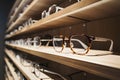 Selective focus highlights glasses displayed on shelf in optics store