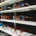 Selective focus highlights glasses displayed on shelf in optics store