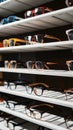 Selective focus highlights glasses displayed on shelf in optics store