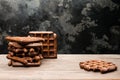 Selective focus on homemade fresh rye waffles on wooden table, d
