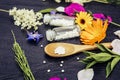 Selective focus on Homeopathic Medicine pills on spoon and medicinal bottles, decorated with fresh various herbal plants.