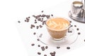 selective focus.hot coffee in clear glass, Transparent coffee cup with roasted coffee beans isolated on a white background with Royalty Free Stock Photo