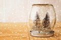 Selective focus image of christmas trees in mason jar. glitter overlay