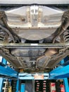 Selective focus image with noise effect car chassis bottom view. Royalty Free Stock Photo