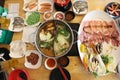 Selective focus of Ingredients with vegetables for cooking or shabu shabu and sukiyaki, Japanese food