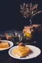 selective focus of jars with honey honeycombs and lavender