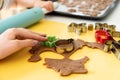 Selective focus. Kids making gingerbread cookies with various Christmas cookie cutters. Gingerbread dough. Family Christmas Royalty Free Stock Photo