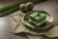 Selective focus of Kuih Seri Muka, traditional Malaysian two layered dessert with steamed glutinous rice forming the bottom half Royalty Free Stock Photo