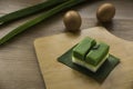 Selective focus of Kuih Seri Muka, traditional Malaysian two layered dessert with steamed glutinous rice forming the bottom half Royalty Free Stock Photo