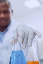 Selective focus of lab flasks with chemical liquid Royalty Free Stock Photo