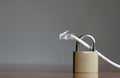 Selective focus of a LAN cable in a padlock on a gray background - concept of internet security Royalty Free Stock Photo