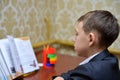 Selective focus of little boy learning how to write his name, Kid study at home, Children do homework at home, Concept for toddler Royalty Free Stock Photo