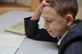 Selective focus of little boy learning how to write his name, Kid study at home, Children do homework at home, Concept for toddler Royalty Free Stock Photo