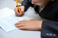 Selective focus of little boy learning how to write his name, Kid study at home, Children do homework at home, Concept for toddler Royalty Free Stock Photo