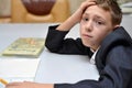 Selective focus of little boy learning how to write his name, Kid study at home, Children do homework at home, Concept for toddler Royalty Free Stock Photo