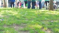 Selective focus long line of diverse kids with parents after brightly colored barricade tape and multicolor Easter eggs