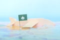 Selective focus of Macau flag in blurry world map and wooden airplane model. Macau or Macao as travel and tourism destination.