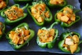 Green peppers stuffed with pumpkin. Selective focus. Macro.