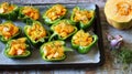 Green peppers stuffed with pumpkin. Selective focus. Macro.