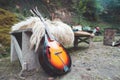 Selective focus of a mandolin guitar leaning on a furry coat in a campsite