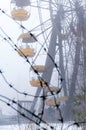 metal barbed wire in front of ferris wheel attraction in foggy winter abandoned amusement park overgrown with trees in Pripyt, Ch Royalty Free Stock Photo