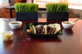 Selective focus of Mexican beef tacos with fried jalapeno, onion with salsa and a salad Royalty Free Stock Photo