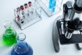 Selective focus of microscope science equipment and blurred background. Science laboratory research, pharmaceutical, scientific Royalty Free Stock Photo