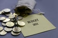 Selective focus of miniature businessman, gold coins and yellow paper note written with Budget 2021 on grey background