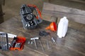 selective focus New lumberjack tools Disassemble, reassemble Gasoline engine lumberjack just bought new to use to cut branches in Royalty Free Stock Photo