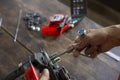 selective focus New lumberjack tools Disassemble, reassemble Gasoline engine lumberjack just bought new to use to cut branches in Royalty Free Stock Photo