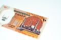 Selective focus of obverse side of the new first Egyptian 10 LE EGP ten pounds plastic polymer banknote