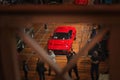 Selective focus of an old red Ferrari supercar at Royal Exhibition Building, Melbourne, Australia