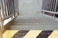 Selective focus of old and rusty iron stairs on ferry boat and b Royalty Free Stock Photo