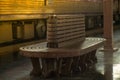 Selective focus on the old wooden vintage chair at the train sta Royalty Free Stock Photo