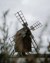 Selective focus of an old wooden windmill in the Oland Island in Lerkaka, Sweden Royalty Free Stock Photo