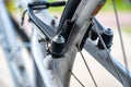 Selective focus on peddle bike brake pads on back tire rim