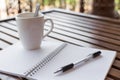 Selective focus of Pen, notebook , coffee cup on the wooden table and copy space Royalty Free Stock Photo