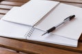 Selective focus of Pen, notebook on the wooden table and copy space Royalty Free Stock Photo