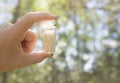 Selective focus on person hand holding glass jar full of small white round homeopathy pills against bokeh forest nature background Royalty Free Stock Photo