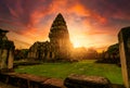 Selective focus on Phimai Historical Park with sunset sky. Landmark of Nakhon Ratchasima, Thailand. Travel destinations. Historic