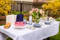 Berry cake and decorated dinner table in garden Royalty Free Stock Photo