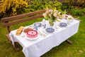 Berry cake and decorated dinner table in garden Royalty Free Stock Photo