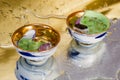 Selective focus photo of pretty small vintage porcelain bowls with Asian motifs