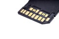 Selective focus photo of two rows of golden contacts on back of UHS-II high speed memory card isolated on white background close