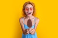 selective focus photo of woman with icecream at summer. woman with icecream